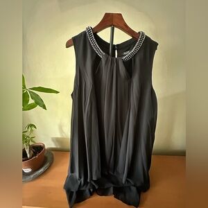 SLNY Black Sleeveless Dress with Embellished Neckline